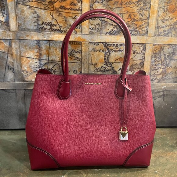 Michael Kors Mercer Medium Pebbled Leather Burgundy Tote - Picture 1 of 9